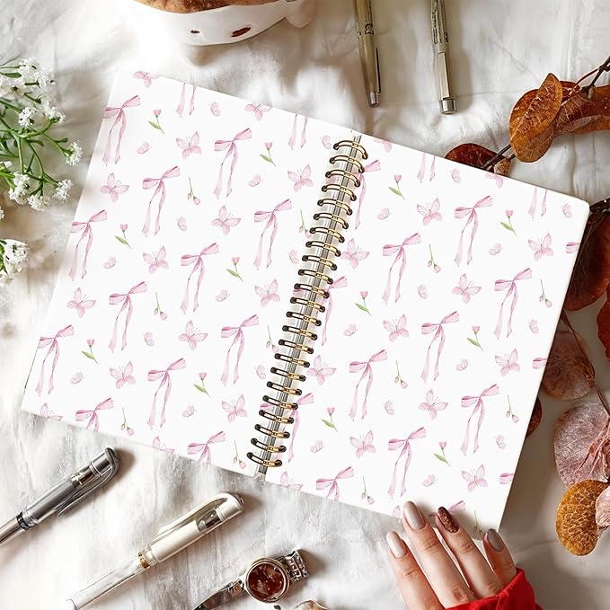 Pink Bow Floral Journal, Floral Botanical Notebook,Preppy Gifts for Women, Hardcover Spiral Notebook 80 Sheets -160 Pages 5.5x8.3 Inch
