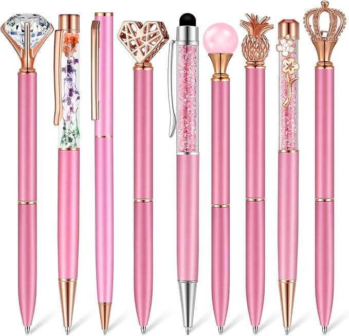 Janmini 9 Pcs Ballpoint Pens Set Metal Crystal Diamond Glitter Pens for Journaling Black Ink Pretty Cute Things Fancy Stationery Gifts for Women Girls Birthday Home Office Desk(Pink Purple)