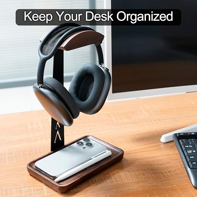 GEVO Walnut Headphone Stand, Wood Headset Stand for Desk, Universal Headphone Holder Gaming Headset Rack with Storage Base Compatible for AirPods Max, Bose, Razer, Sennheiser, Jabra, JBL, AKG