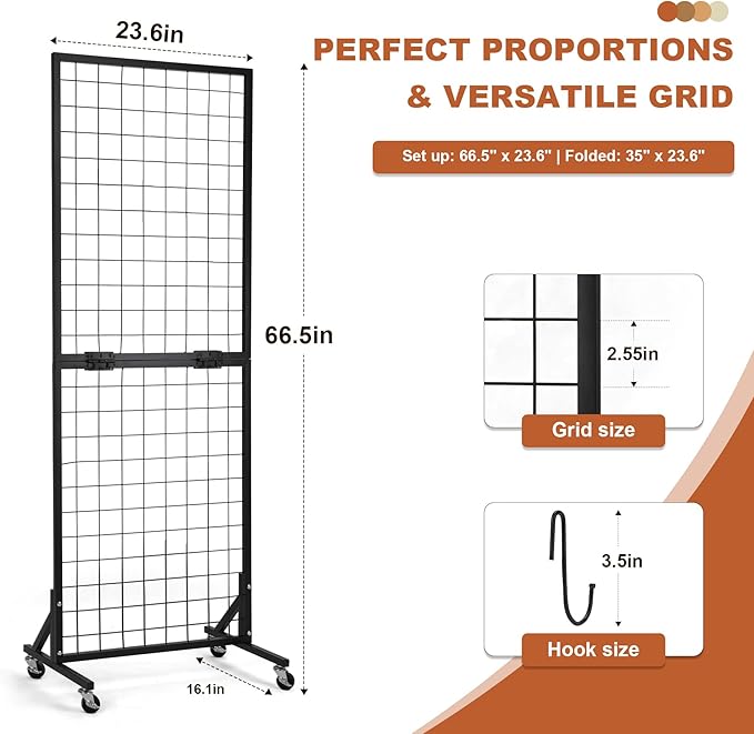 Foldable Grid Wall Panels Display Rack 5.6' x 2' FT with 30 Hooks, Movable Gridwall Display Stand for Retail Display Craft Merchandise