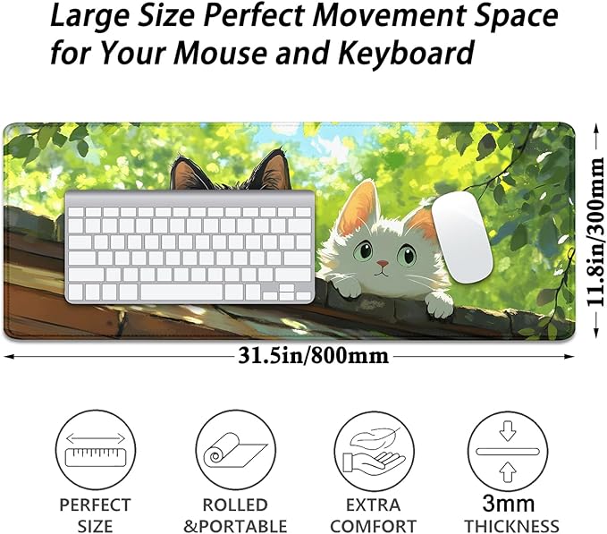 Black and White Cat Desk Pad Mouse Pad,Extend XL Mouse Mat with Stitched Edges,Non-Slip Rubber Base Large Mousepad for Office PC Keyboard Laptop and Home Work Desk Mat(31.5X11.8 in)