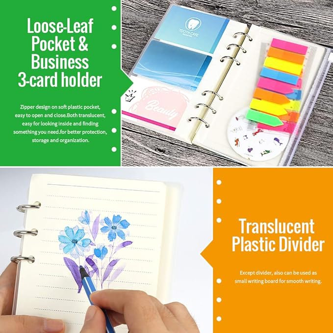 LEOBRO A6 Paper, Planner Inserts for A6 Binder, 6.73"x3.74" Lined Paper, with Binder Pockets & Dividers, for Refillable Notebook, Journal, Planner Refills