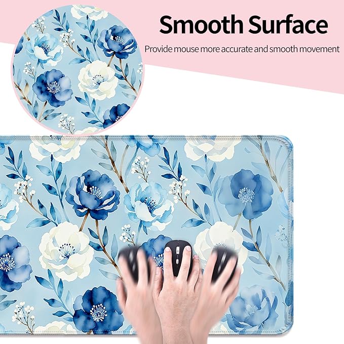 Watercolor Blue Floral XL Large Desk Mat, Extended Long Pretty Flowers Aesthetics Desk Pad for Gaming and Office, Non-Slip Rubber Base, Comfortable Surface Mouse Pad, 31.5x11.8 in (H10)
