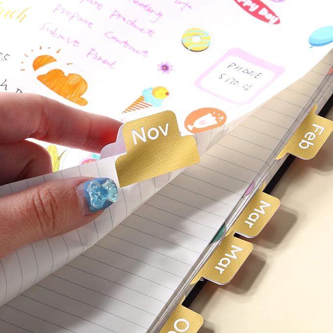 Outus 24 Pieces Monthly Adhesive Tabs for Planner - Designer Accessories Monthly Tabs Stickers Decorative for Office Planners Organizations Sturdy Notebook Planners Journal(Gold)