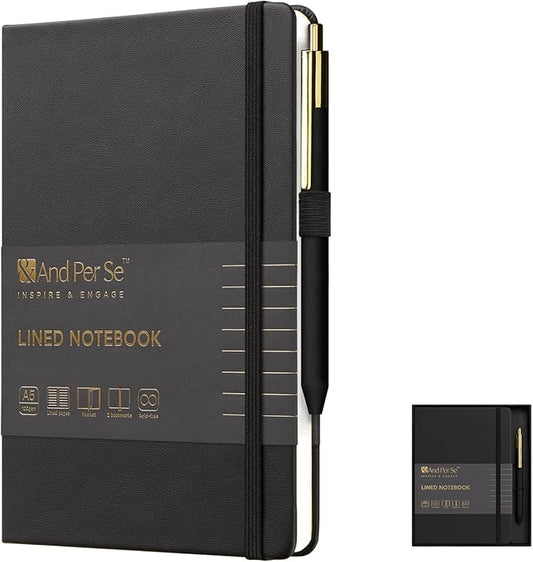 &And Per Se Lined Journal and Pen Set, A5 Leather Journal Stationery Set, 160 Pages 100GSM Thick Paper, Notebook Gift Set (Black)