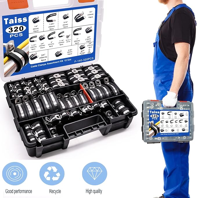 Taiss 320PCS Cable Clamps Assortment Kit 304 Stainless Steel Rubber Cushion Pipe Clamps 12 Sizes 3/16" 1/4" 5/16" 3/8" 1/2" 5/8" 3/4" 1" 1-1/4" 1-1/2" 1-3/4" 2" Wire Clamp(With two kinds of screws)