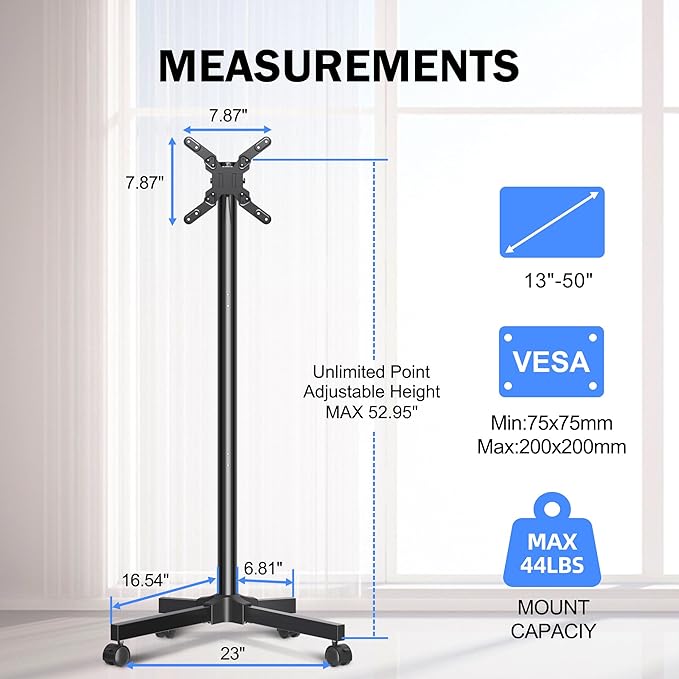 Mobile TV Carts, Rotating Rolling TV Stand on Wheels for 13-50" Flat/Curved TVs Height Adjustable 30° Tilt Floor TV Stand Portable Monitor Stand Holds up to 44lbs Max VESA 200x200mm ML1350
