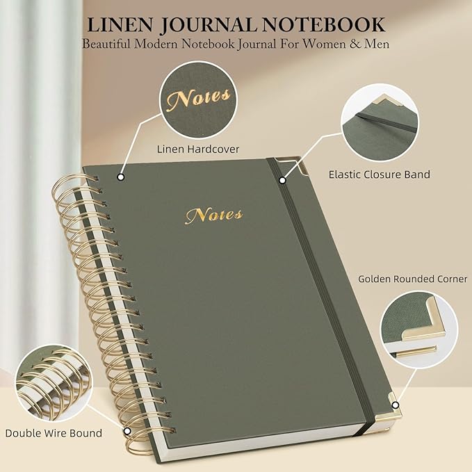 Spiral Notebook Journal, 328 Pages Linen Hardcover College Ruled Notebook, Lined Thick Journals for Women Men, A4 Thick Spiral Journal for Writing, 100GSM Paper, Cute Notebooks for Work School