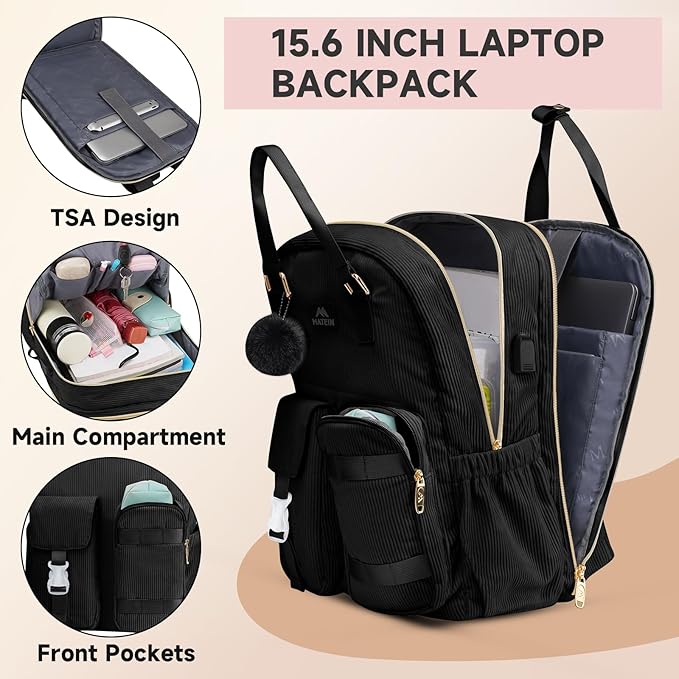 MATEIN Cute Laptop Backpack for Women, 15.6 Inch Corduroy Computer College Backpack with USB Charging Port, TSA Lightweight Aesthetic Back Pack Travel Laptop Daypack for Work Nurse Teacher Gift, Black
