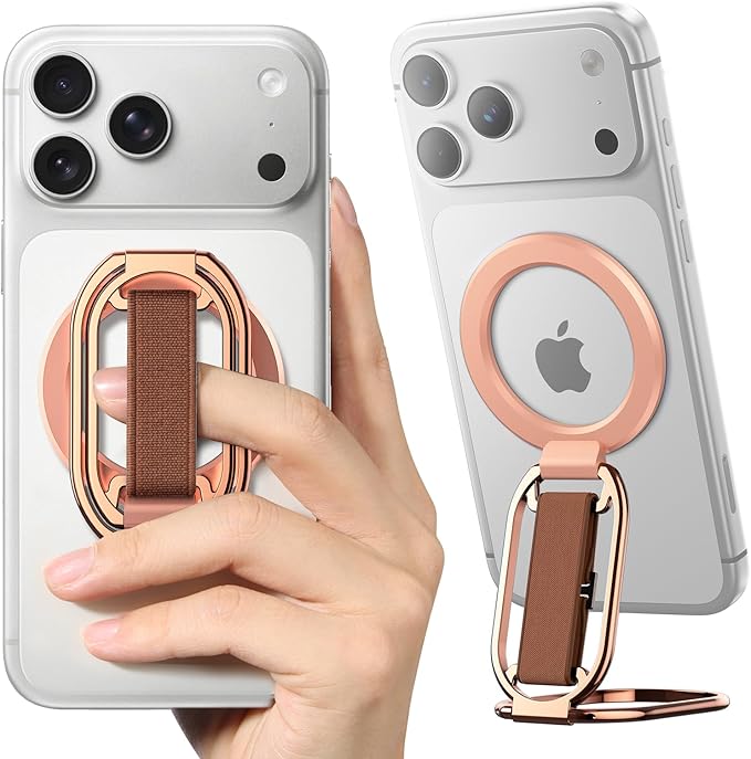 [2025 Newest] SUPERONE for Magsafe Phone Grip for Magnetic Kickstand Compatible with Mag Safe Finger Loop, 4-in-1 Phone Ring Holder Strap for Magnetic iPhone 17/16/15/14/13/12 (Rose)