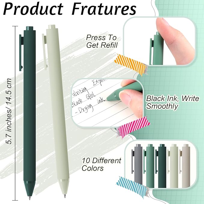 Crtiin 100 Pcs Gel Ink Pens Bulk, Black Ink 0.5mm Fine Point Retractable Pen Smooth Writing Office Supplies for Teacher Server Nurse Valentine Galentine Gift (Green Series)