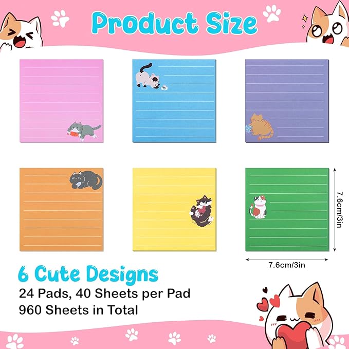 24 Pack Cat Sticky Notes, 6 Colors Lined to Do List Notepads, 3 x 3in Cute Animal Self-Stick Notes with Lines for Office, School (960 Sheets)