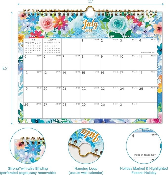Calendar 2026-18 Monthly Wall Calendar, January 2026 - June 2027, 8.5" x 11", Calendar 2026-2027 with Twin-Wire Binding, Hanging Hook, Blocks and Julian Dates (Watercolor Wall Calendar)
