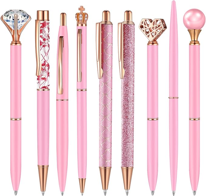 Janmini 9 Pcs Ballpoint Pens Set Metal Crystal Diamond Glitter Pens for Journaling Black Ink Pretty Cute Things Fancy Stationery Gifts for Women Girls Birthday Home Office Desk(Pink)