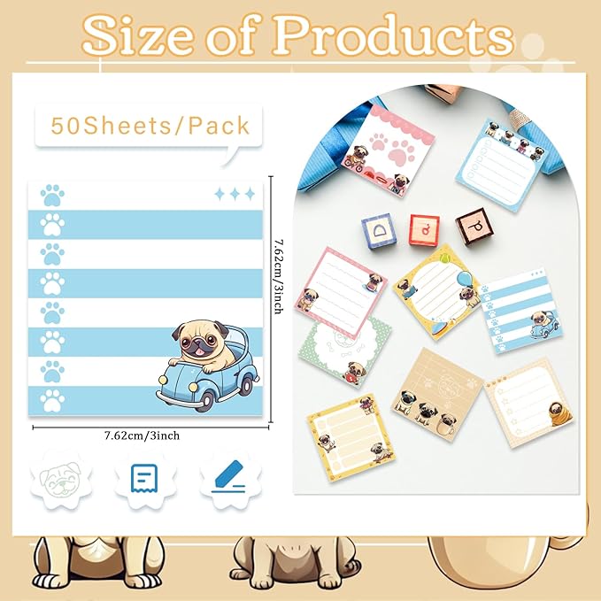 Pug Sticky Notes Gifts - 9 Pack Pug Notepads 3x3 Inch Gifts for Dog Lovers, Cute Dog Self-Adhesive Memo Pads Office School Supplies for Friends Coworkers (450 Sheets)