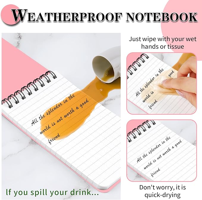 Waterproof Notebook, 4 Pack Top-Spiral Pocket Notepad, 3" x 5" Weatherproof NotePad, All Weather Police Pocket Notebook Little Memo Steno Note Pads for Outdoor Office School Recording, Pink