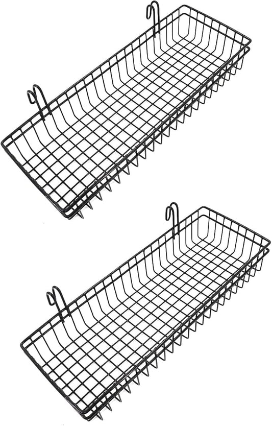 ANZOME 2 Pcs Metal Grid Wall Baskets with Hooks - Black Hanging Wire Basket Grid Wall Shelves - Multi Function Storage Organizer Plant Holder Shelf for Mesh Wall Grid Kitchen Organizing Display
