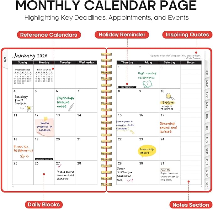 2026 Planner, Weekly and Monthly Calender Planner, Jan 2026 to Dec 2026, Hardcover 2026 Calendar Book with Tabs & Inner Pocket, Office Home School Supplies for Women & Men - A4 (8.5" x 11"), Tomato Red