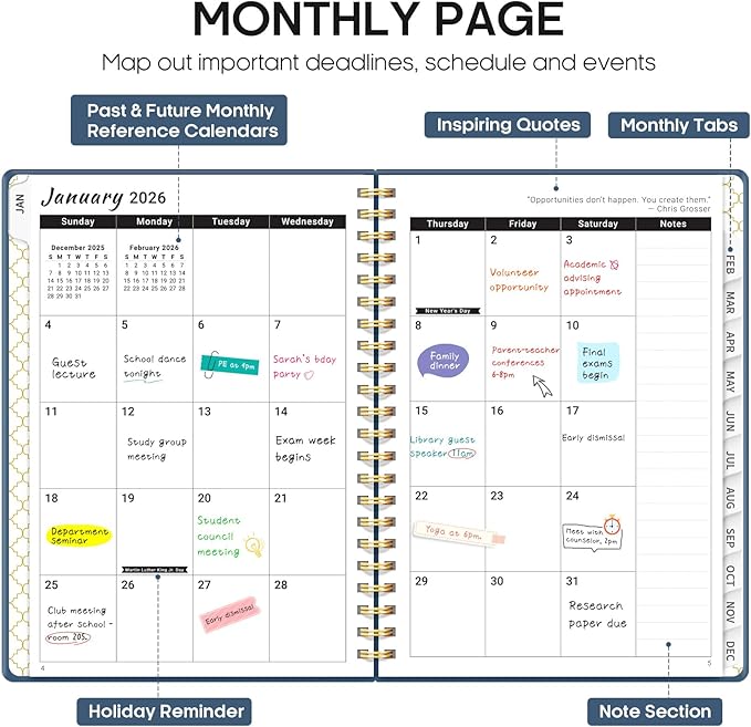 2026 Planner, Weekly and Monthly Calendar Planner, January 2026 - December 2026, Hardcover 2026 Calendar Book with Tabs For Women & Men, Inner Pocket, Spiral Bound, Perfect for Office Home School Supplies - A4 (8.5" x 11"), Navy
