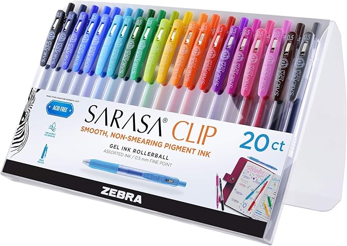 Zebra Pen Sarasa Clip Retractable Gel Pen, 0.5mm Fine Point, Rainbow Assorted Vibrant Ink Color, Water-Based, Ideal for Office and School, Journal, Note Taking and Planner Use, 20-Pack (47220)