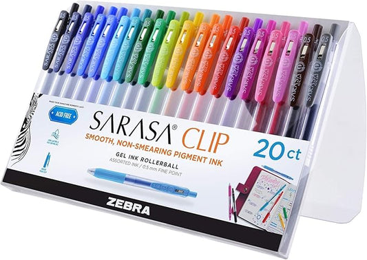 Zebra Pen Sarasa Clip Retractable Gel Pen, 0.5mm Fine Point, Rainbow Assorted Vibrant Ink Color, Water-Based, Ideal for Office and School, Journal, Note Taking and Planner Use, 20-Pack (47220)