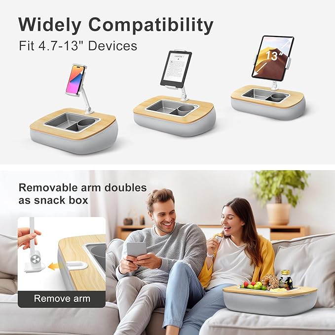 Tablet Stand Pillow with Snack Bowl, iPad Lap Holder for Hands-Free Reading and Relaxation on Bed,Couch,Recliner, 360° Rotating Clip for 4.7-13" Kindle,eBook,Tablet,iPhone (Birch Gray)