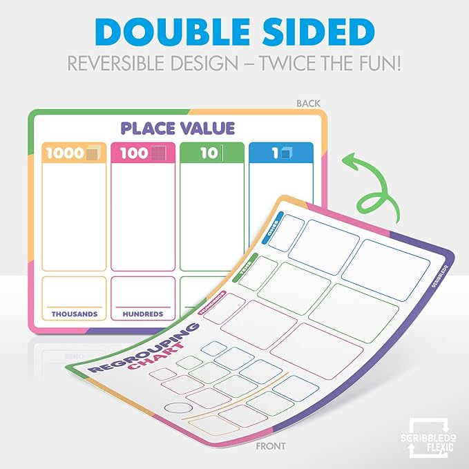 Scribbledo Place Value Chart & Regrouping Dry Erase Sheets Base Ten, Addition & Subtraction Math Practice for Kids, Classroom Supplies, Double Sided 10 Pack
