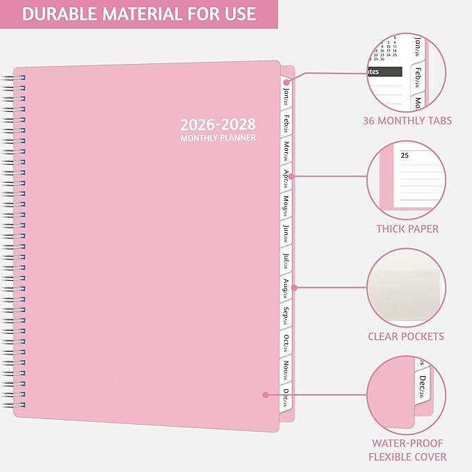 Monthly Planner 2026-2028, 36 Months Calendar Planner 2026-2028 from Jan 2026 – Dec 2028, 8.5'' x 11'' with Ruled Spread, Flexible Cover, Spiral Wirebound, Pocket, Coated Tabs, Notes ＆ Habit Tracker
