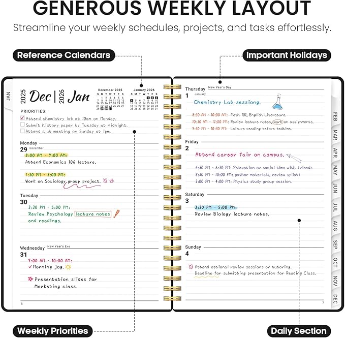 2026 Planner, Weekly and Monthly Calender Planner, Jan 2026 to Dec 2026, Hardcover 2026 Calendar Book with Tabs & Inner Pocket, Office Home School Supplies for Women & Men - A4 (8.5" x 11"), Black