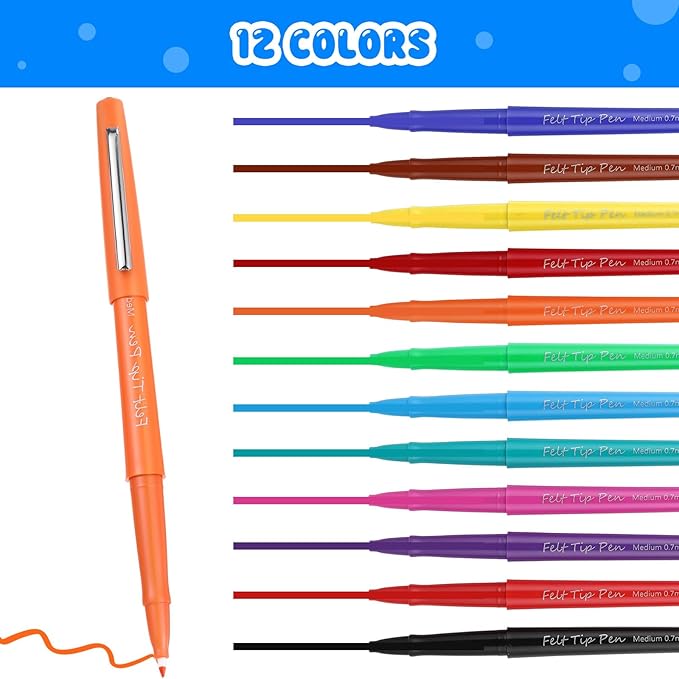 144 Pcs Felt Tip Pens 0.7mm Medium Point Felt Pen Bulk 12 Colors Markers Journal Planner for Teachers Journaling Writing Note Art Office Supplies