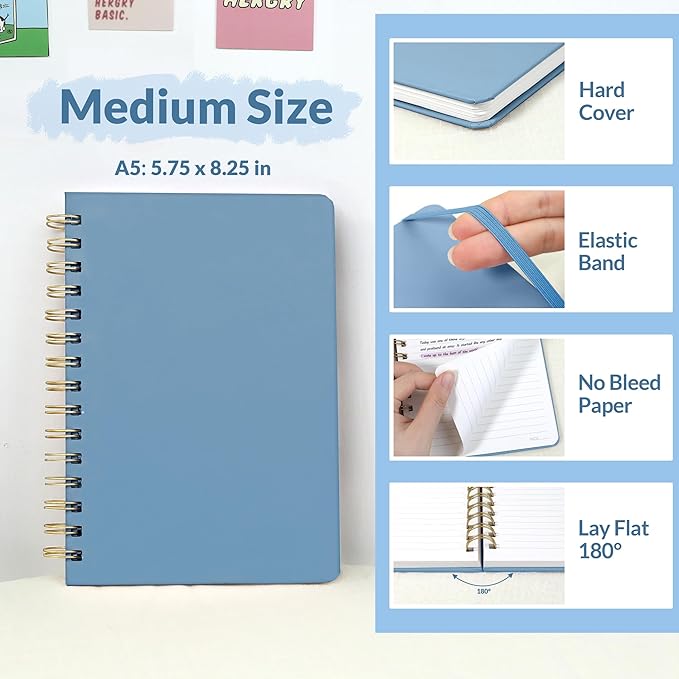 SUNEE Journaling Notebooks, A5 Lined Spiral Notebook for Women, 146 Pages College Ruled Hardcover Notebook for Work, Note Taking, Journaling and Office School Supplies, A5 - Haze Blue