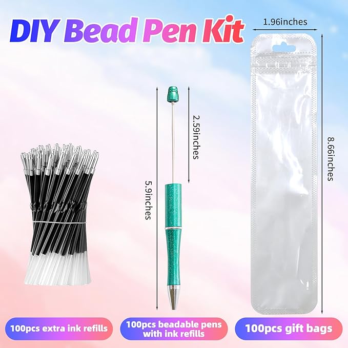 300 Pieces DIY Beadable Pen Kit – 100 Plastic Ballpoint Pens with Refills & Bags – School Supplies, Office Accessories & Decorative Items for Students & Teachers (Gradient)