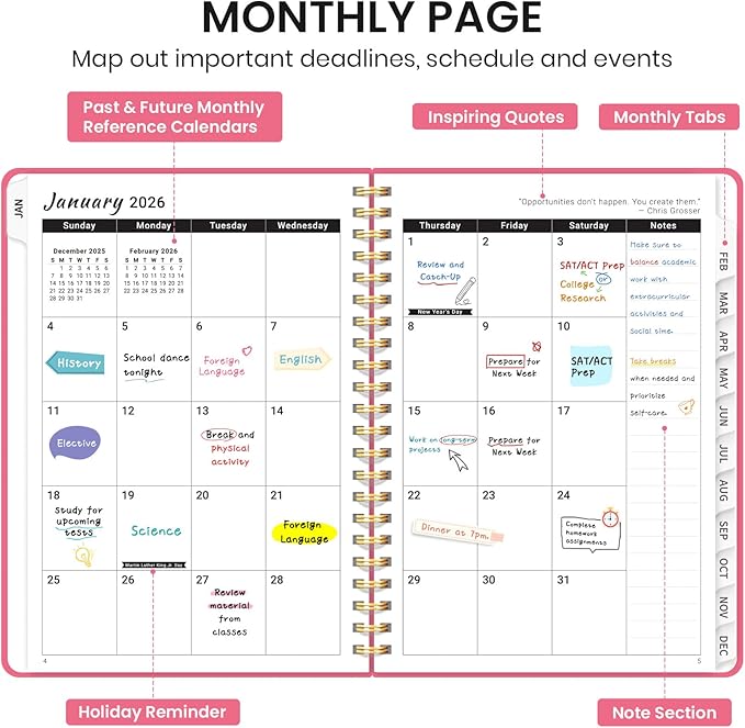 2026 Planner, Weekly and Monthly Calendar Planner, January 2026 - December 2026, Hardcover 2026 Calendar Book with Tabs For Women & Men, Inner Pocket, Spiral Bound, Perfect for Office Home School Supplies - A5 (6.3" x 8.5"), Peach Pink