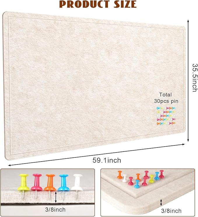 Large Cork Bulletin Board - 60 X 36 Inches With 30 Pushpins, 5' x 3' Pin Board for Walls, Self-Adhesive Felt Vision Board, Foldable Photo Board - Oatmeal