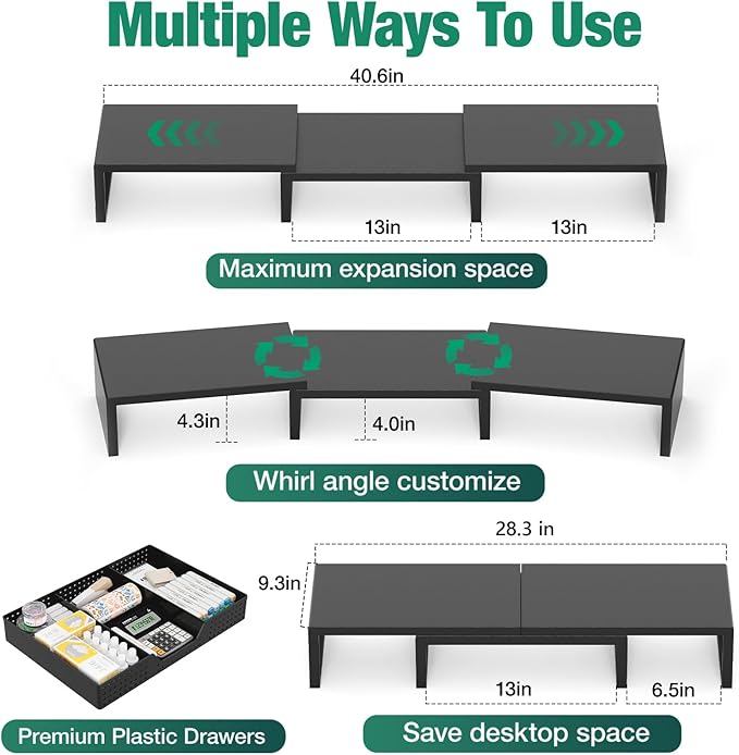 OPNICE Desk Organizers and Accessories, Dual Computer Monitor Stand Riser with Drawer, Office Desk Accessories & Workspace Organizers, Black