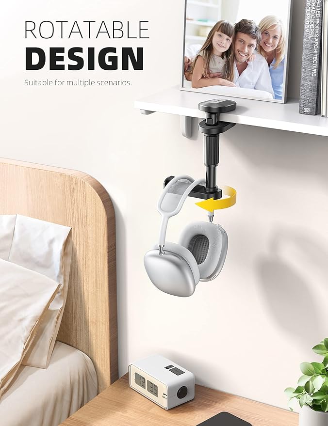 Lamicall Headphone Stand, Headset Holder - [2025 Upgarded] 360° Rotating Headphone Hanger, Earphone Holder Hook Mount Clamp Under Desk for Airpods Max, Sennheiser, More, Black