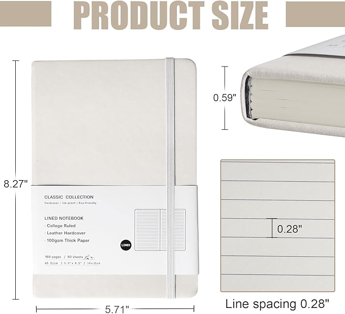 Lined Journal Notebook, 6Pack Hardcover Notebook for Men & Women – Journals for Writing, Work, School, Home & Daily Notes, 160 Pages – Medium A5, 5.7"x8", 100 gsm Thick Paper (White)