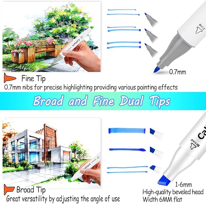 Caliart 121 Colors Alcohol Based Markers, Dual Tip Art Marker Set Chisel & Fine, Permanent Colored Pens for Adults Coloring Book Artists Sketch Illustration Drawing Supplies Gifts (Pack of 2)