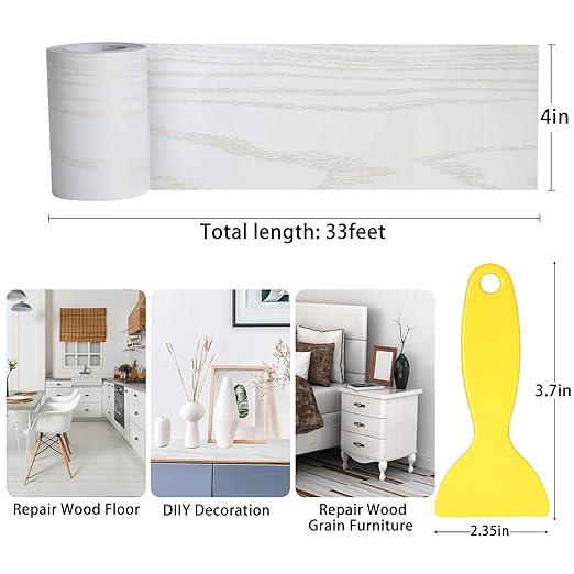 4" X33' Size Realistic Wood Grain Repair Tape, Self Adhesive Wood Grain Repair Patch for Table, Chair, Door, Windows, Floors, Furniture Renovation, Hand DIY. With Plastic Scraper. Gold Line White Wood