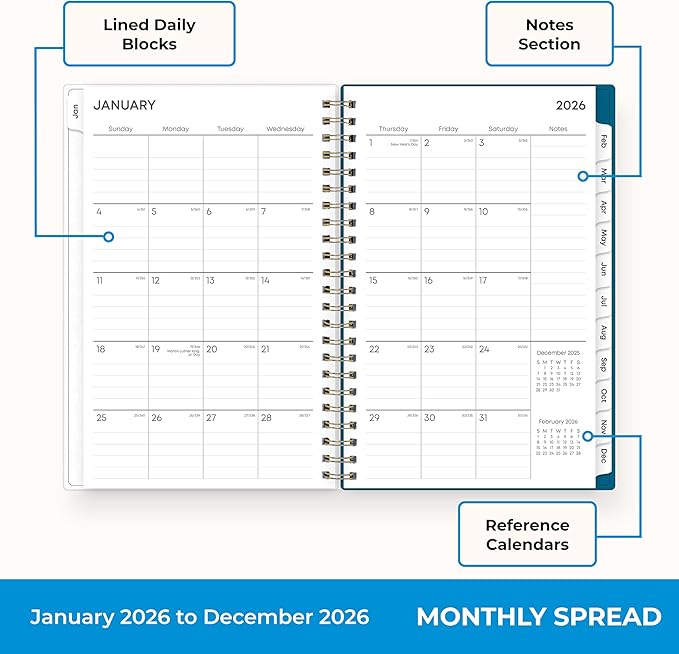 Blue Sky 2026 Weekly and Monthly Planner Calendar, January 2026 - December 2026, 5" x 8", Flexible Frosted Cover, Laminated Tabs, Durable Twin Wire Binding, Bakah Blue