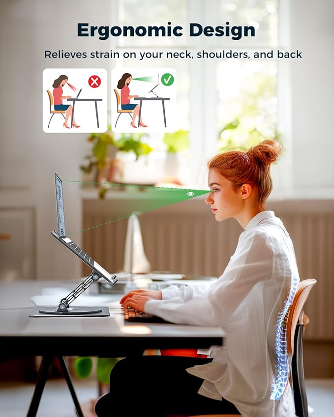 360° Rotating Laptop Stand for Desk | Adjustable, Foldable, Portable Aluminum Ergonomic Riser | Compatible with MacBook, Dell, HP & All Laptops 10-16 inch | Gray