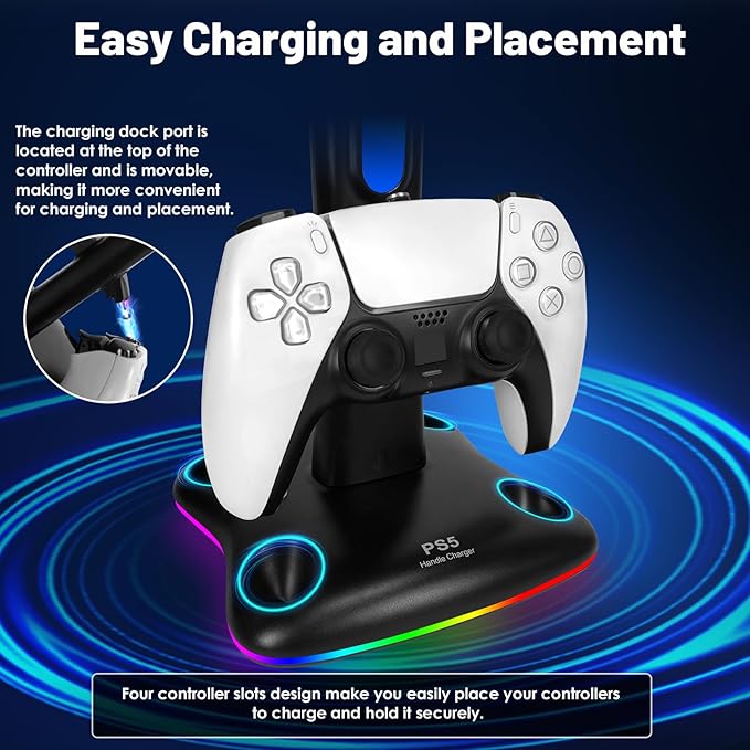 PS5 Controller Charger with RGB Headphone Stand, PS5 Controller Charging Station with 2 USB Port, Headset and Controllers Stand Holder for PlayStation 5, Gaming Gifts for Gamers Men