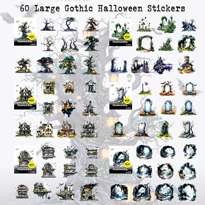 Vintage Scrapbook Goth Stickers for Scrapbooking, 60Pcs Large Transparent PET Halloween Stickers for Adults Journaling, Junk Journals Supplies, Collage, Scrap Book, Art Crafts