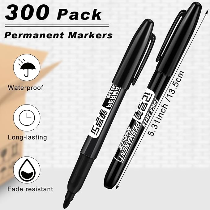 Thenshop 300 Pack Permanent Markers Bulk Back to School First Day of School Gifts Fine Point Waterproof Marker Works on Plastic, Wood, Stone, Metal, Glass for Office Classroom(Black)