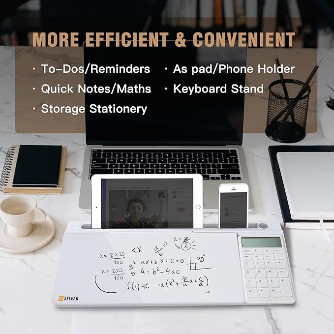 SELEAD Desktop Glass Whiteboard with Calculator & Built-in Mirror, Dry Erase White Board Computer Pad Keyboard Stand with Organizer Drawer, Desk Accessories for Home, School, Office