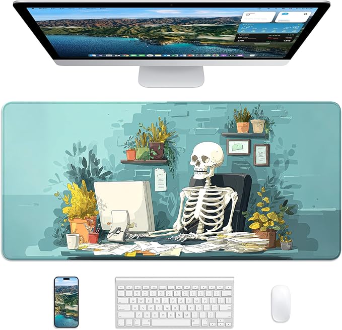 XL Gaming Mouse Pad, 31.5x17.5'' Large Desk Mat with Anti-Slip Rubber Base & Stitched Edges for Gaming, Office, Home - Office Skeleton