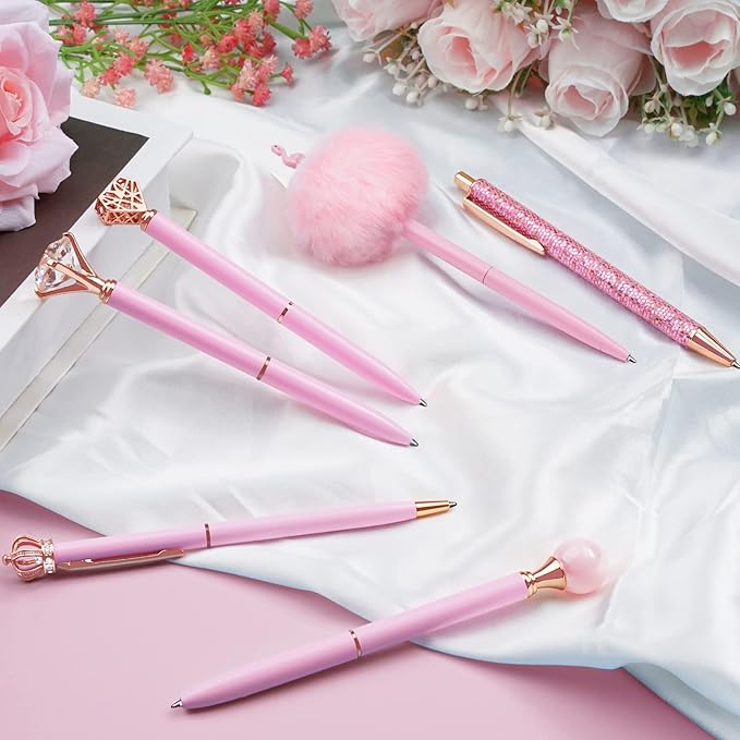 WEMATE 8Pcs Ballpoint Pens Set Metal Crystal Diamond Glitter for Journaling Pink Pen Bling in Black & Blue Ink Pretty Cute Fancy Mothers Day Gift for Women Wedding School Office Desk(Pink)
