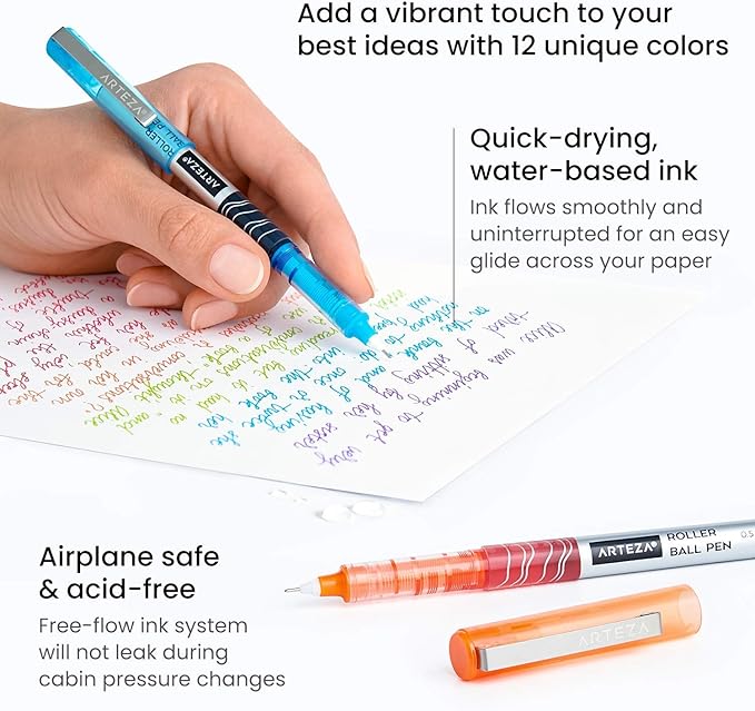 ARTEZA Rollerball Pens Fine Point, Set of 24 Colored Pens with Liquid Ink, Extra Fine 0.5 mm Needle Tip Pen