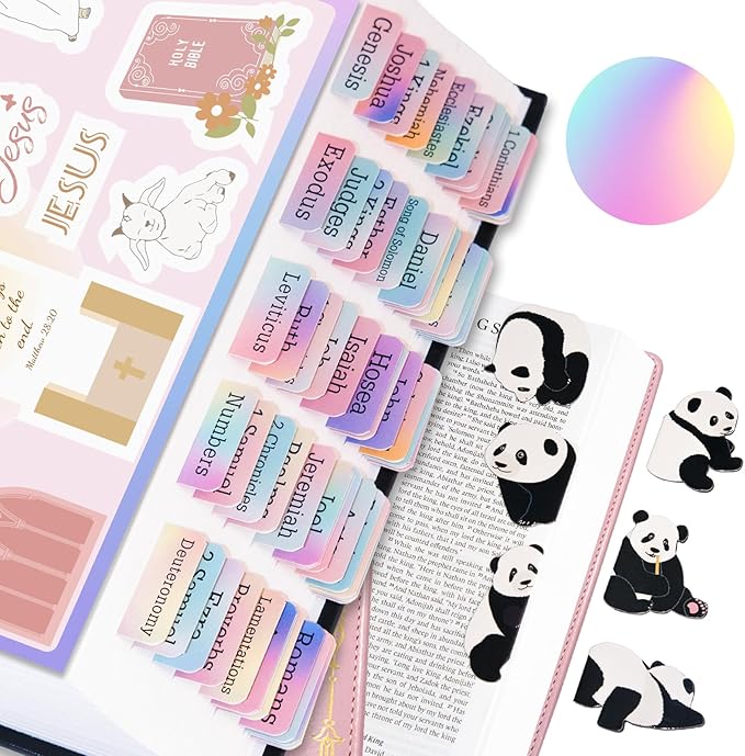 Bible Tabs with Magnetic Panda Bookmark, Bible Tabs for Women, Laminated Bible Tabs, Christian Gifts, Large Print Bible Tabs with Unique Sticker, Index Tabs Labels, Bible Study Supplies (Rainbow)