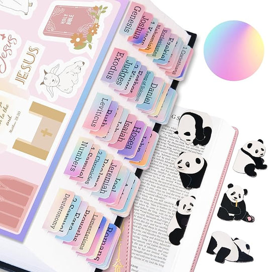 Bible Tabs with Magnetic Panda Bookmark, Bible Tabs for Women, Laminated Bible Tabs, Christian Gifts, Large Print Bible Tabs with Unique Sticker, Index Tabs Labels, Bible Study Supplies (Rainbow)